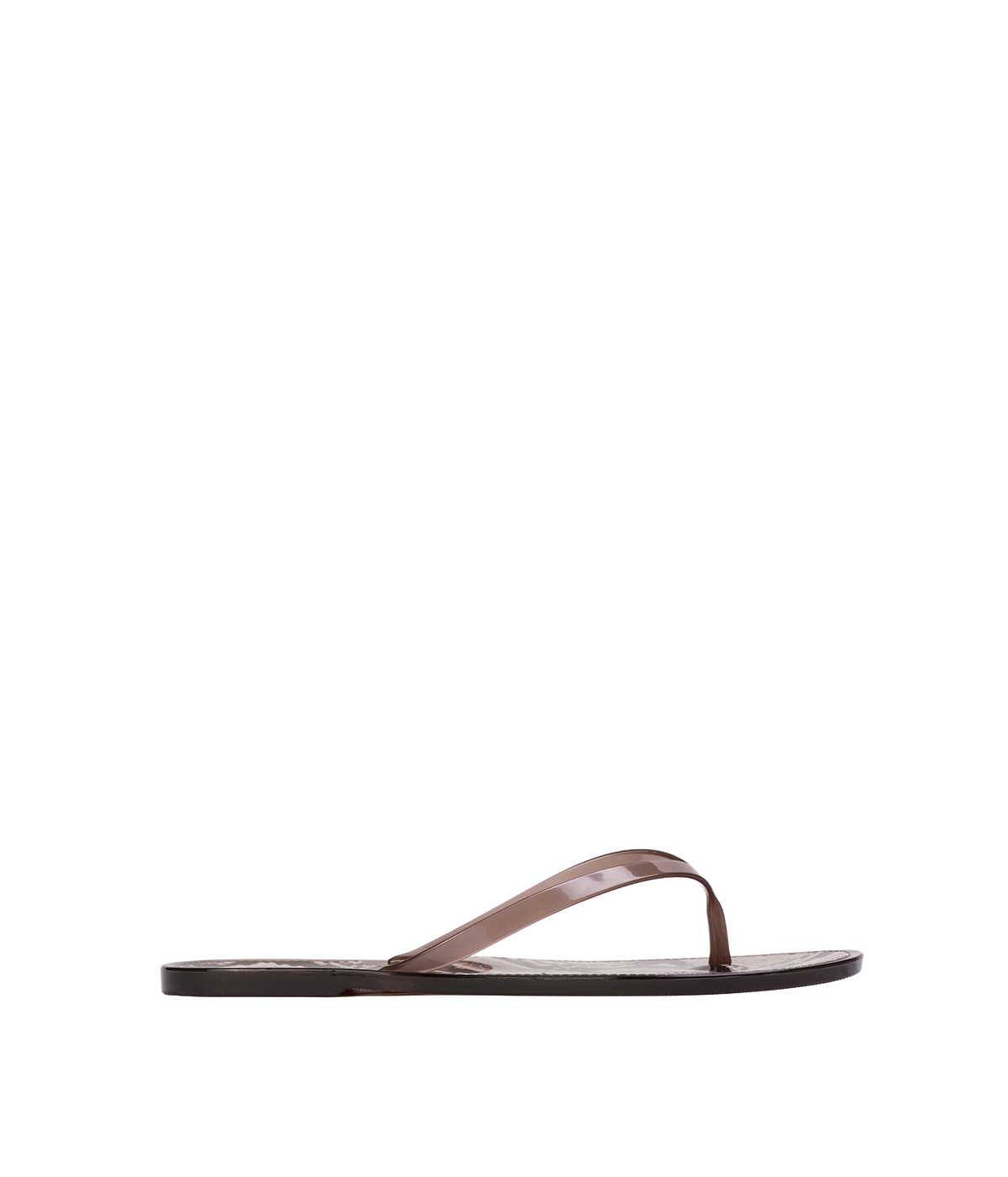 A single flat thong sandal in a glossy dark brown colour- Crystal Sandal in Brown Snake