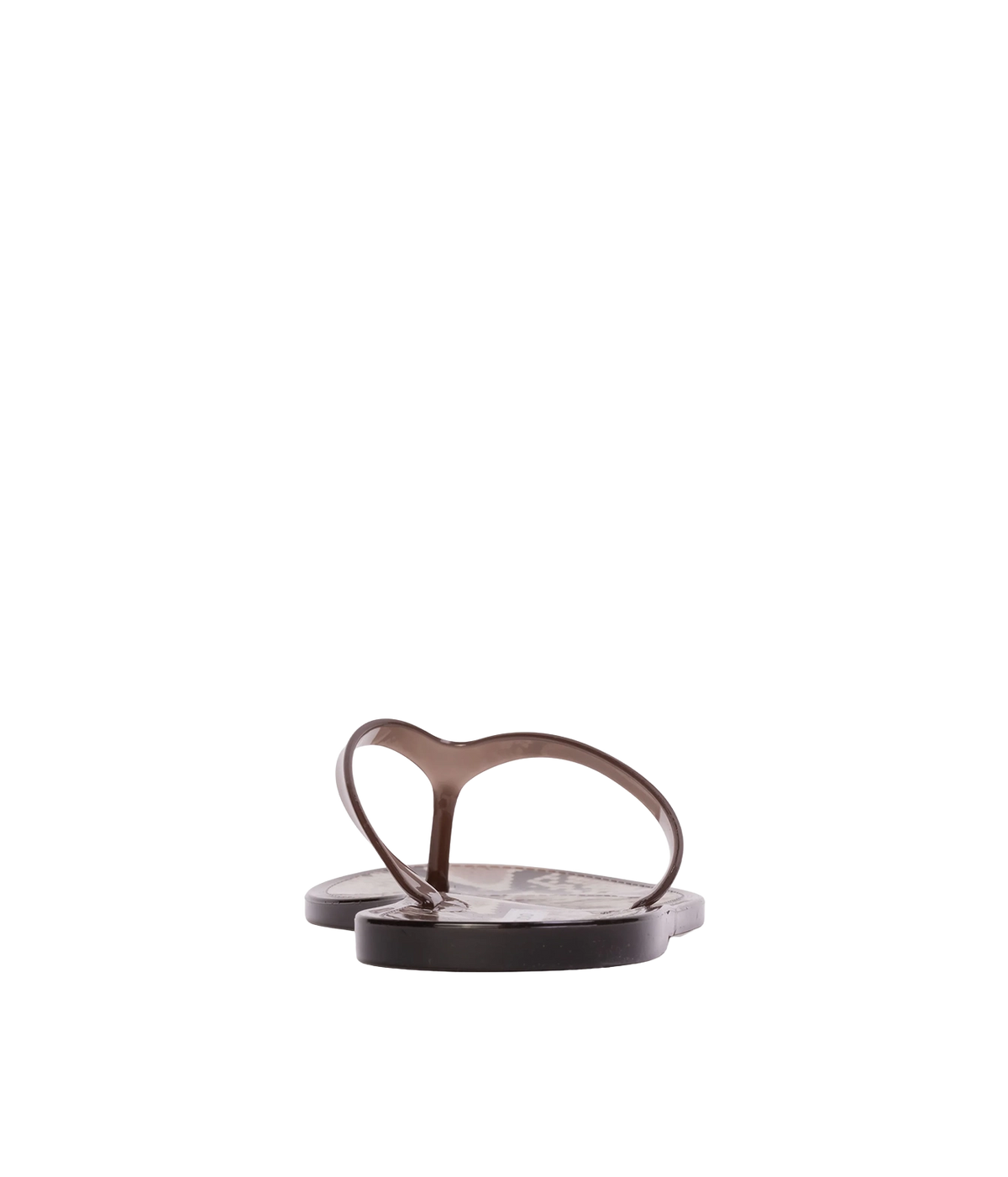 A pair of dark brown heart-shaped thong sandals with a glossy finish