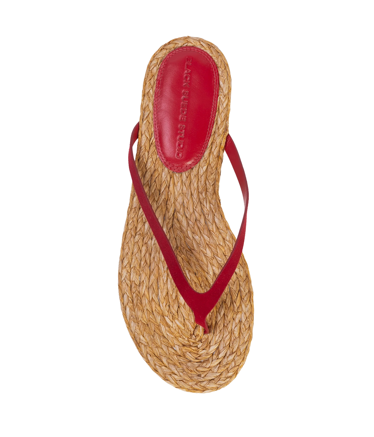 A single woven straw thong sandal with a red leather strap and red and raffia insole - Alaya Sandal in Cherry Suede