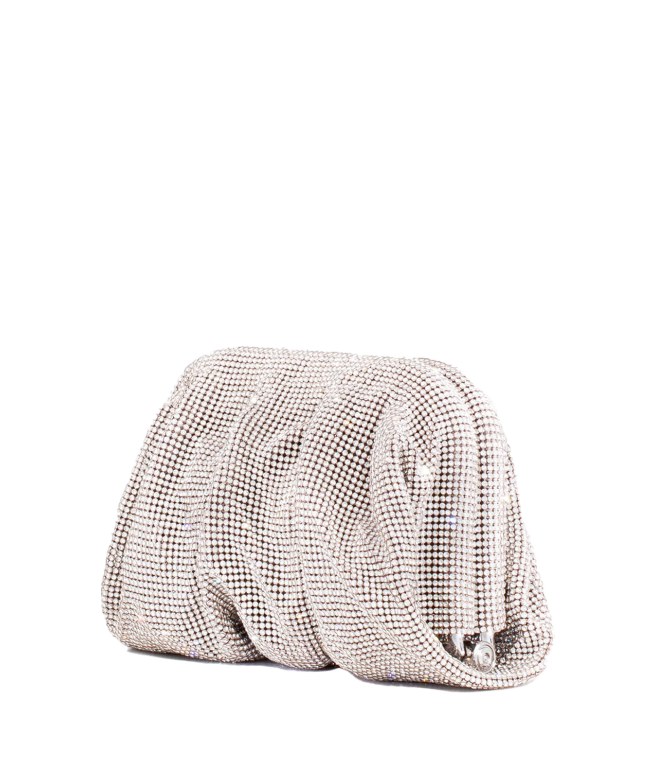 A metallic silver rhinestone mesh clutch purse with a pleated, draped design, shown on a plain white background.