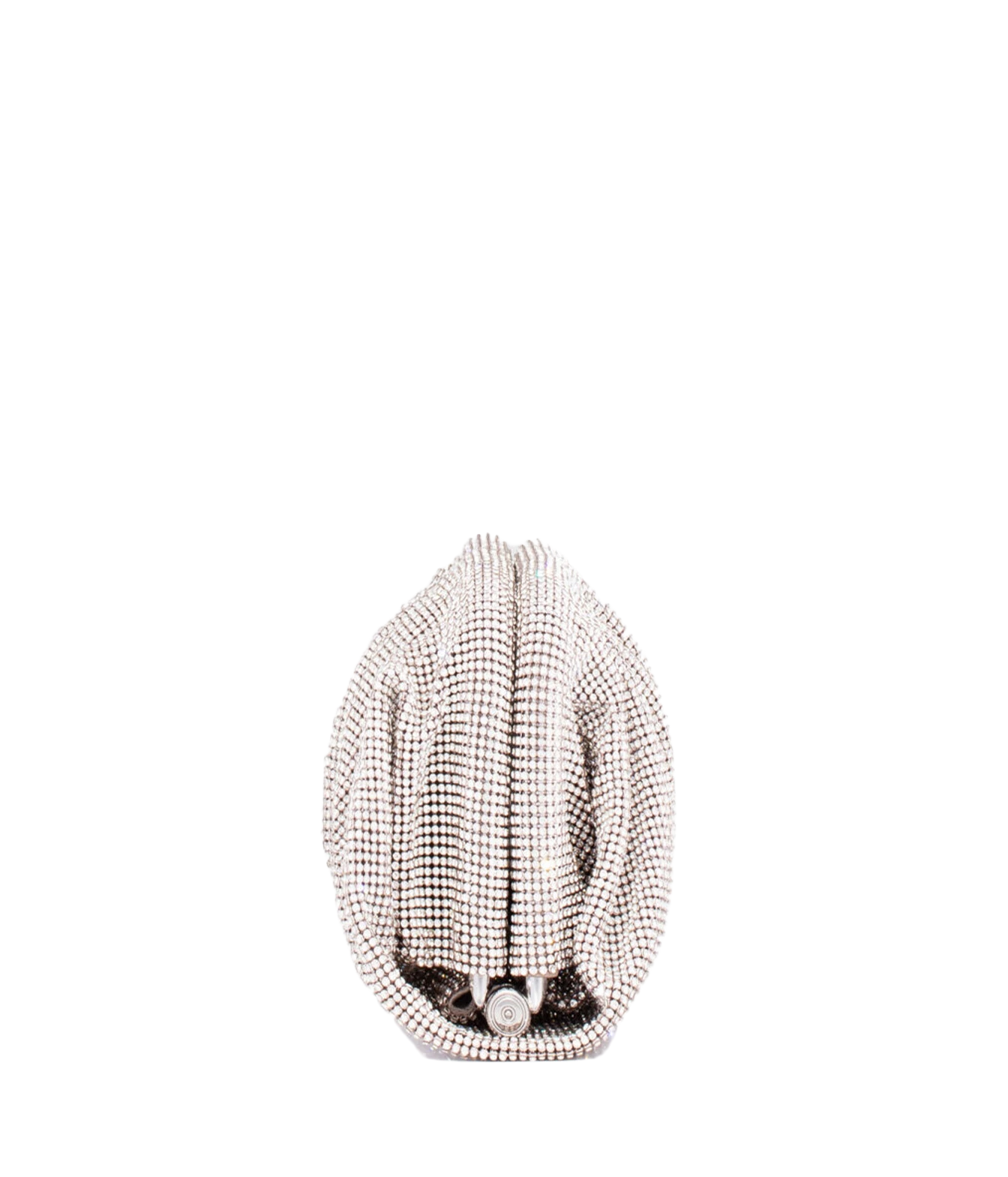 A structured evening clutch bag covered in shimmering rhinestones, featuring a central clasp