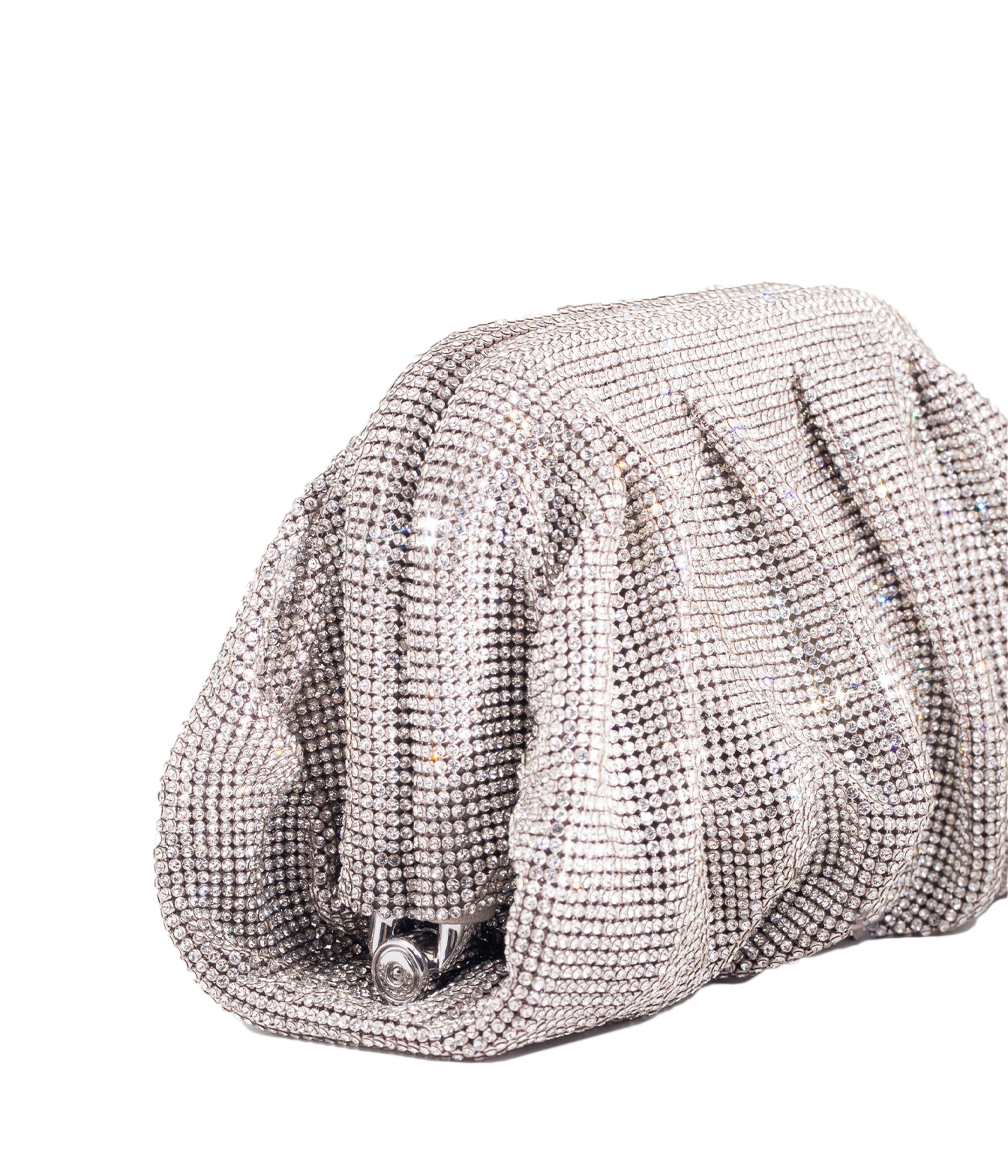 A silver rhinestone-embellished clutch purse with a small silver clasp