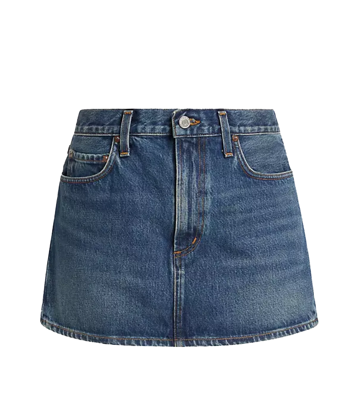 A classic indigo mini skirt with 5-pocket detailing and a clean hem, crafted from sustainable regenerative cotton for timeless style.