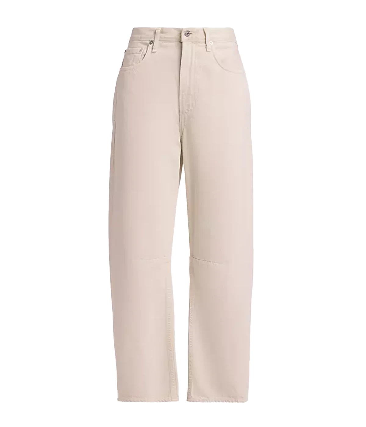 ALT text: Miro Jean in warm cream beige with tapered barrel leg and relaxed top block in rigid denim.