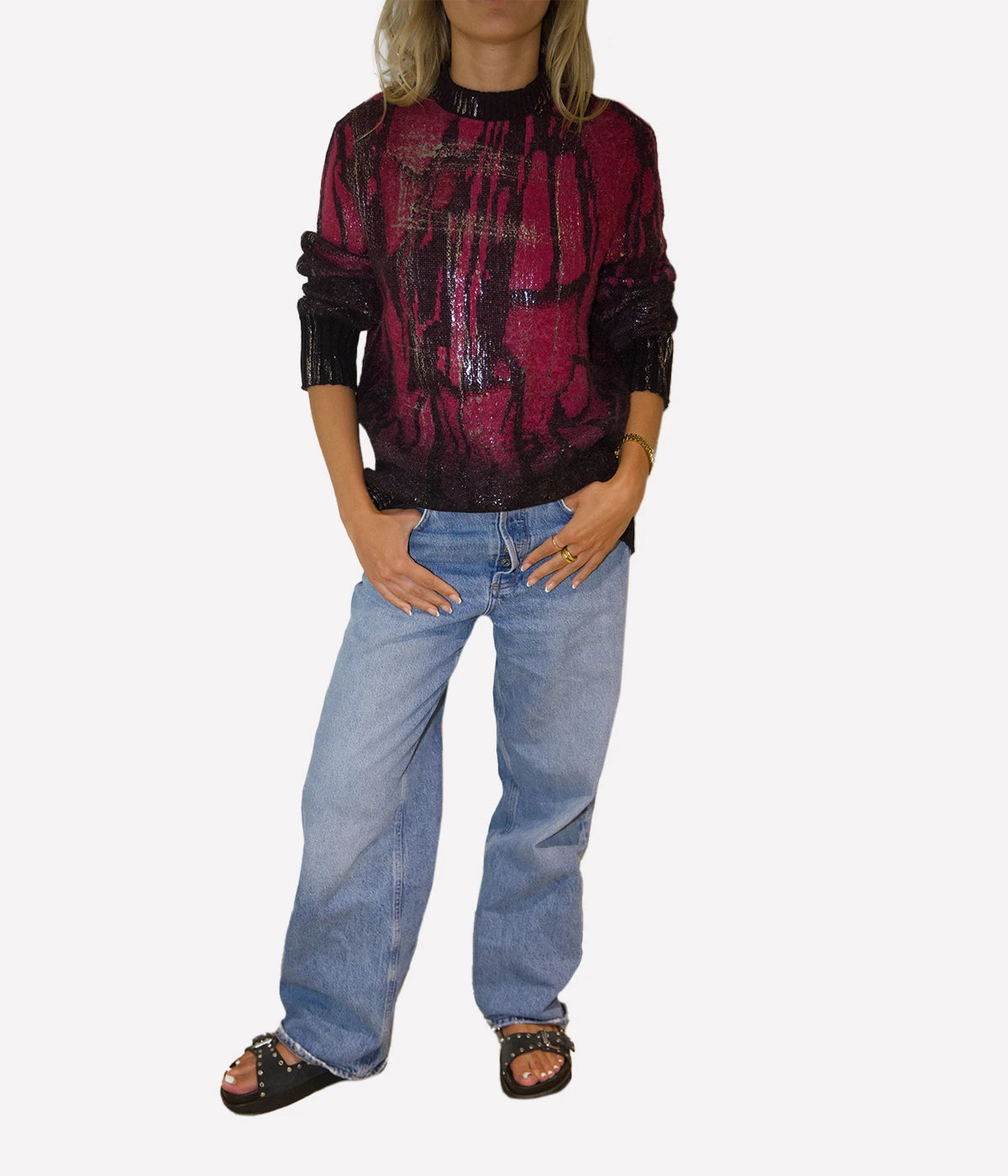 *FINAL SALE*Jacquard Punk Round Neck Pullover in CHERRY