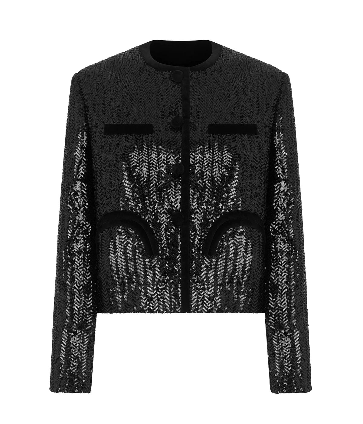 Blazé Milano Shamo Bolero in All About You Black - A cropped black jacket with long sleeves, featuring a textured herringbone pattern, solid black velvet-like horizontal chest bands, and a round neckline