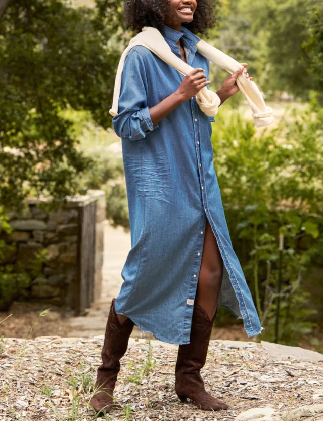 Rory Woven Denim Long Dress in Vintage Stonewashed Indigo