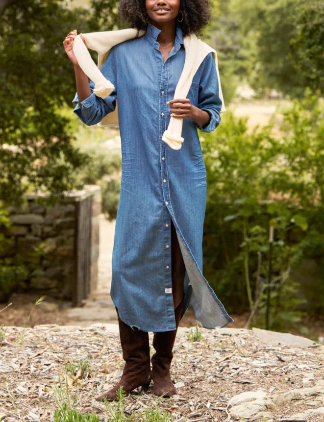 Rory Woven Denim Long Dress in Vintage Stonewashed Indigo