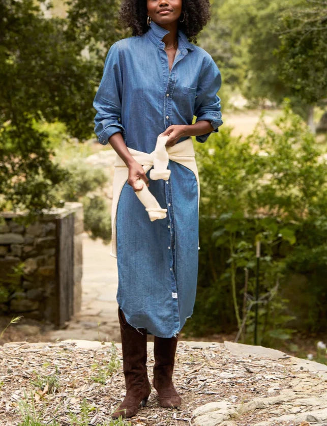Rory Woven Denim Long Dress in Vintage Stonewashed Indigo