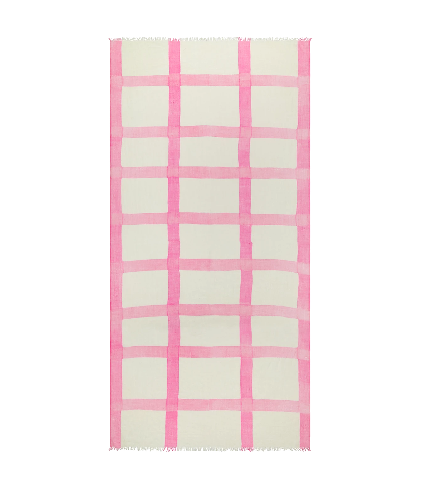 A rectangular cream-colored rug with a pink watercolor-style plaid pattern and fringed edges, shown flat against a white background.