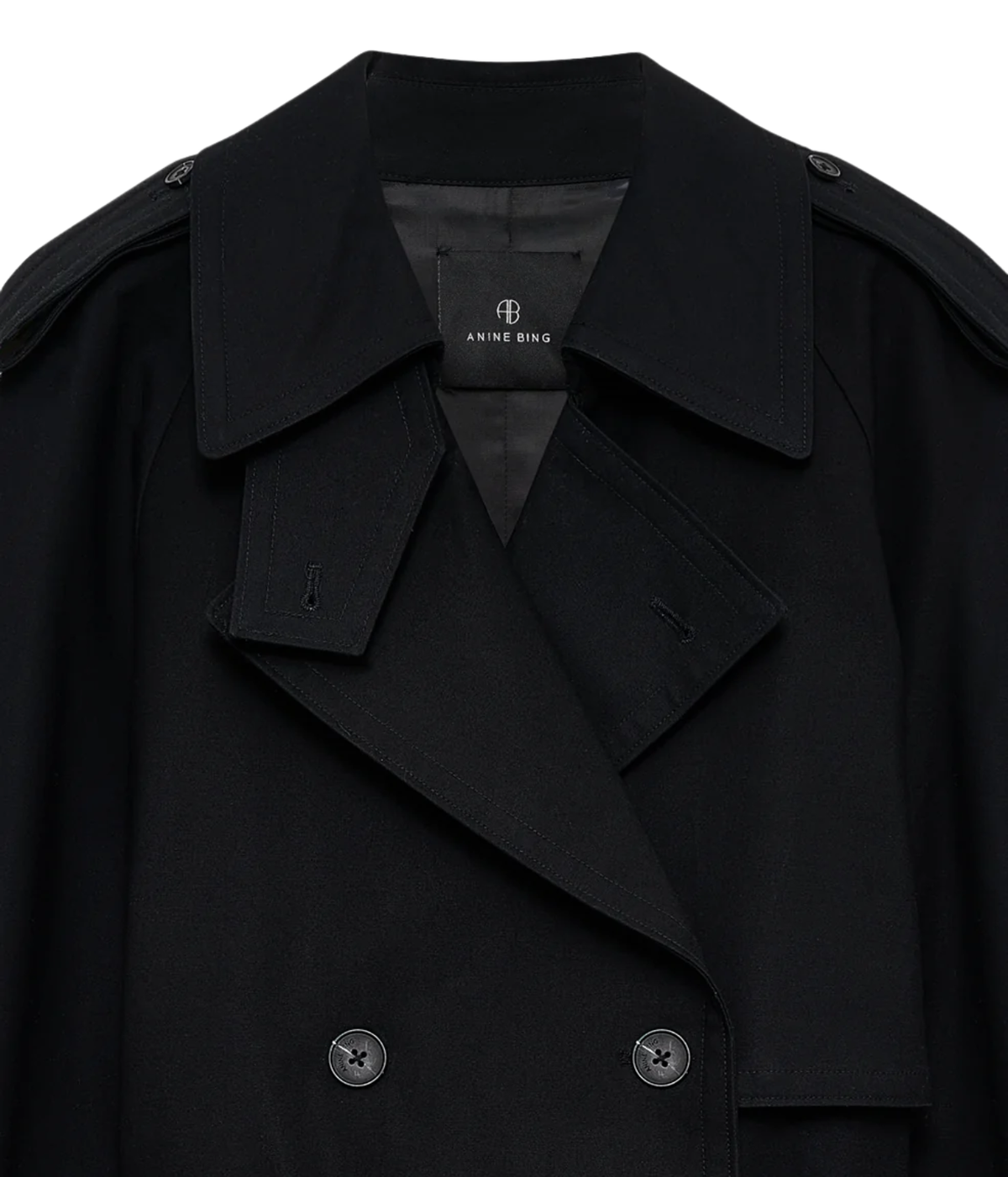 Anine Bing Pascale Maxi Trench in Black – close-up of collar and buttons