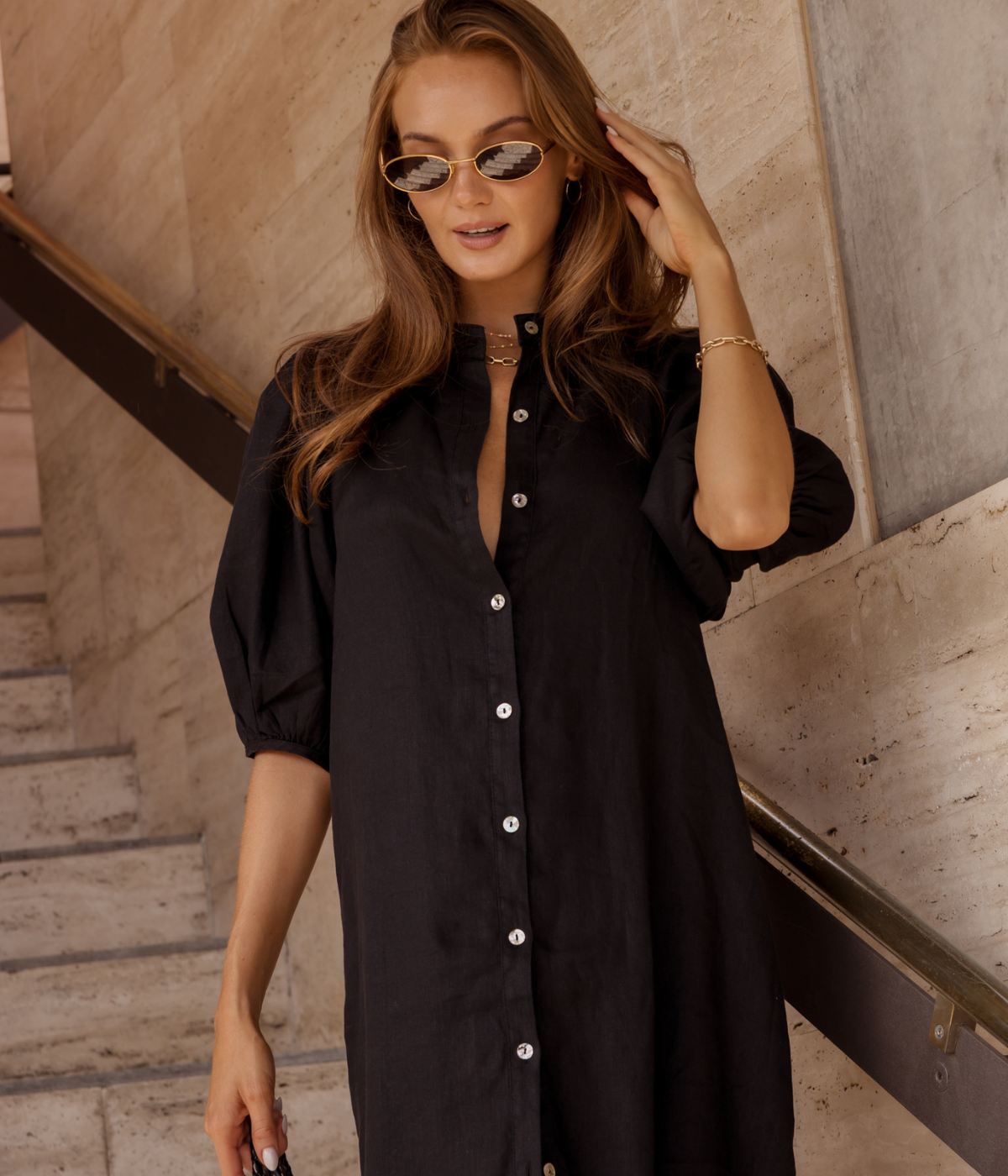 Bubble Linen Dress in BLACK