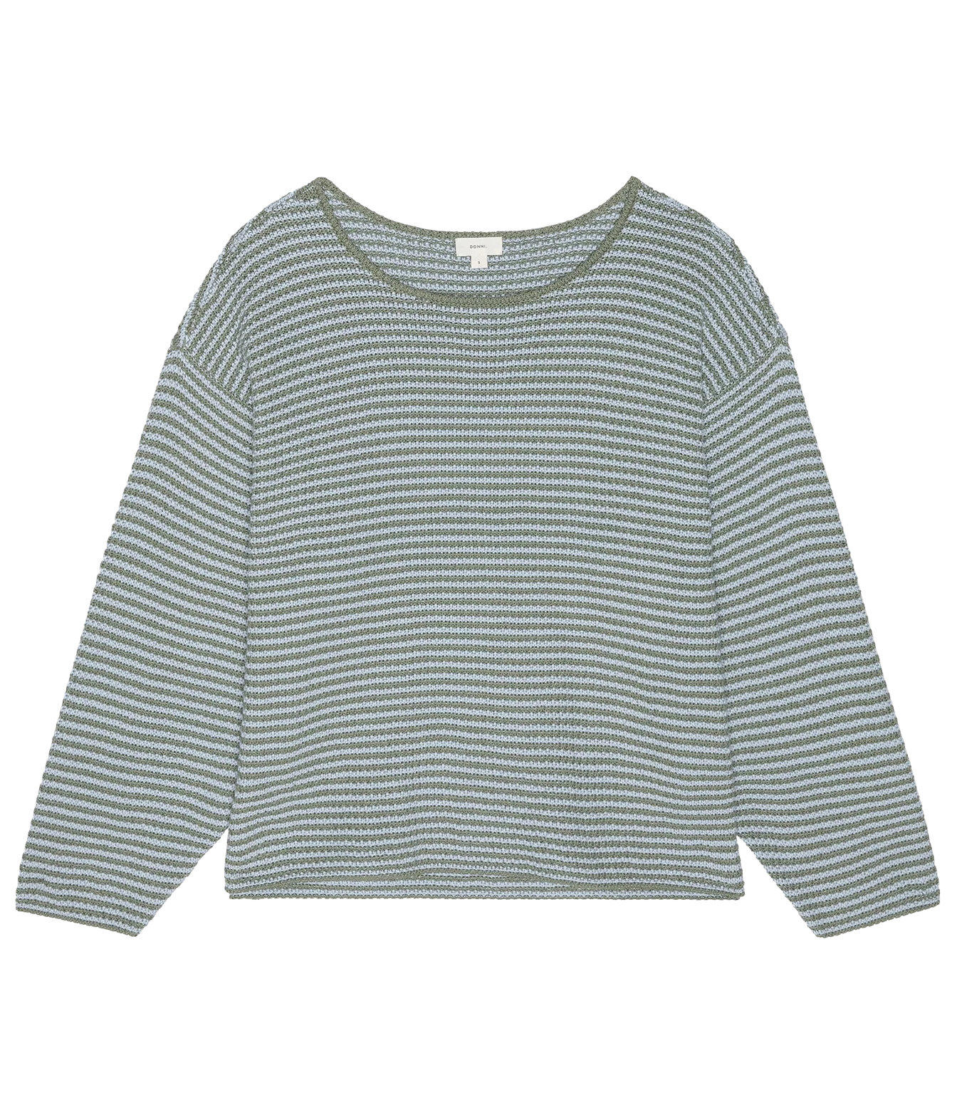 A long-sleeve knit top with horizontal stripes in sage green and white, featuring a wide boat neckline and a relaxed fit, shown flat on a white background.