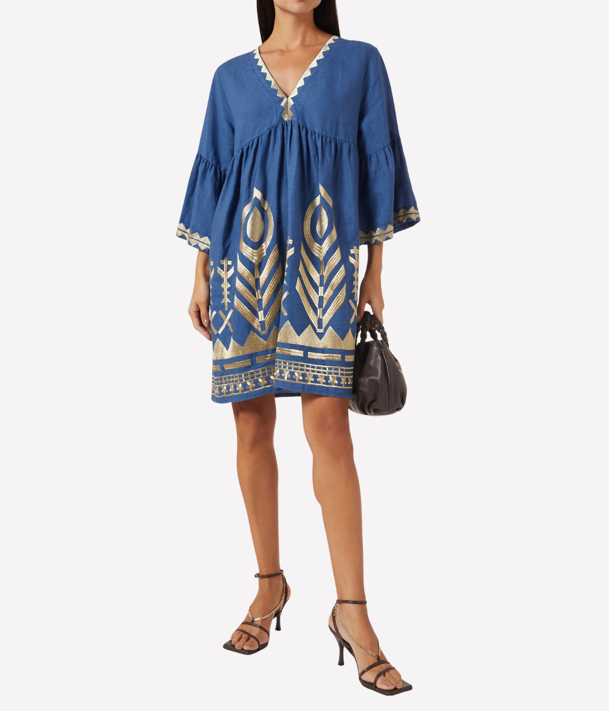 Feather Bell Sleeve Short Dress in Blue Gold