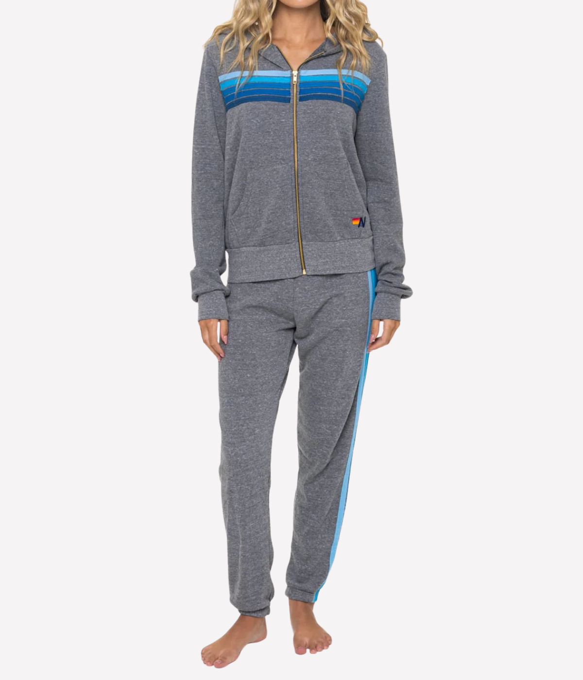 5 Stripe Zip Hoodie in Heather Grey & Blue
