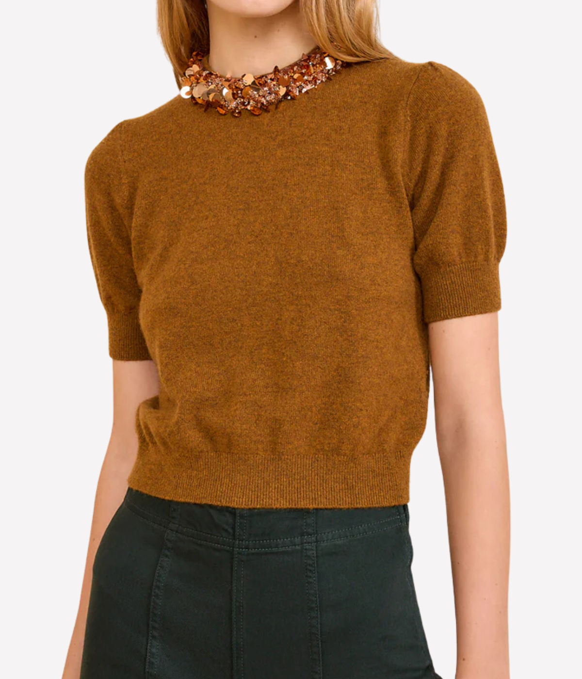 Liv Embroidered Cashmere Short Sleeve in Umber