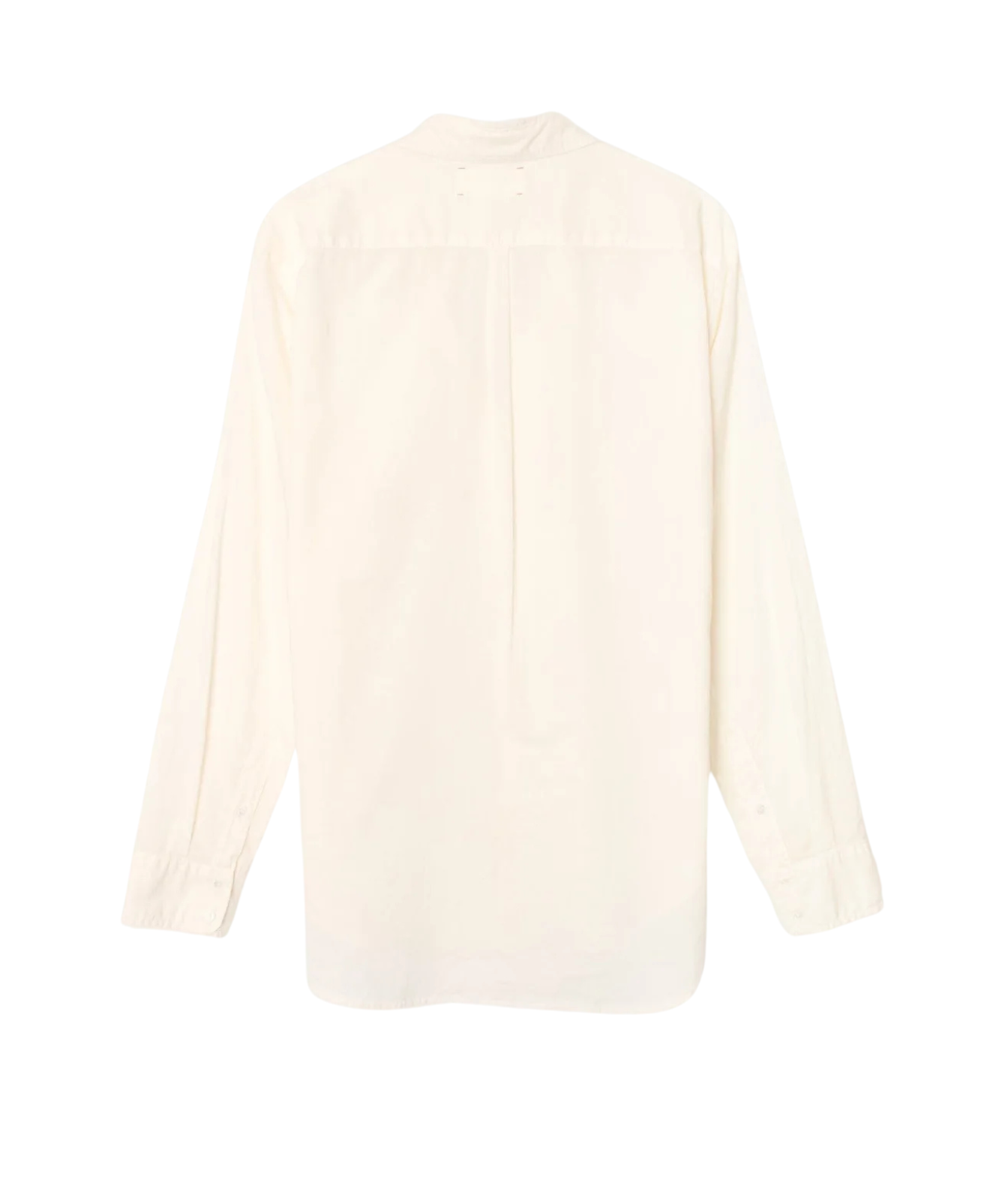 An off-white long-sleeve button-up shirt shown from the back, featuring a high collar and a subtle vertical seam down the center back, displayed on a solid white background.