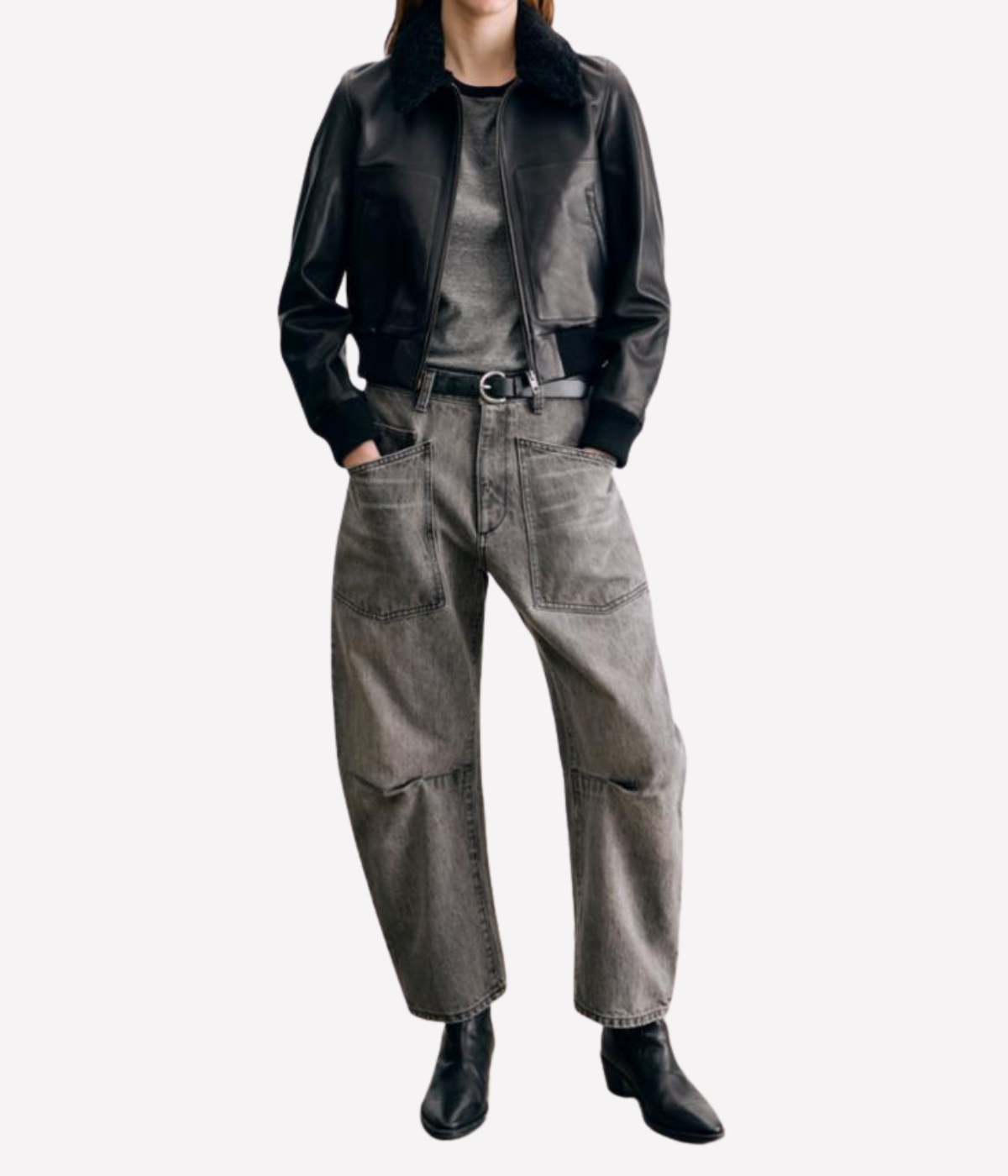 Nili Lotan Shon Jean in Ash Grey Wash worn on model, full length view of bow-leg jeans styled casually