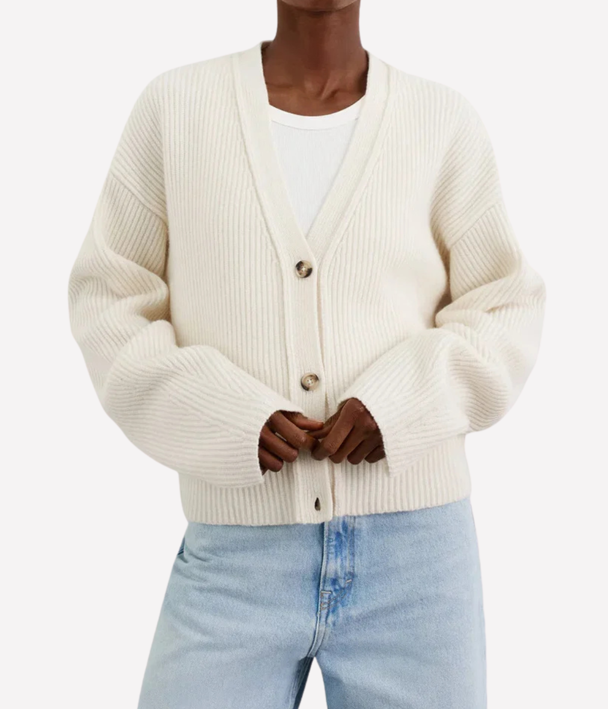 Soft Goat Ribbed Cardigan in Cream – Front View