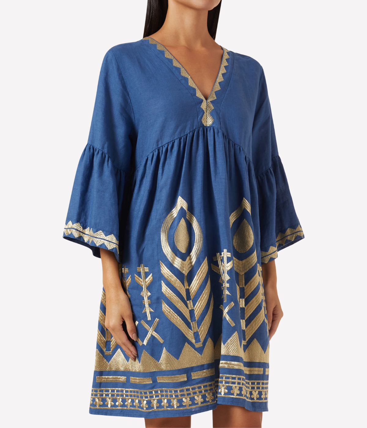 Feather Bell Sleeve Short Dress in Blue Gold