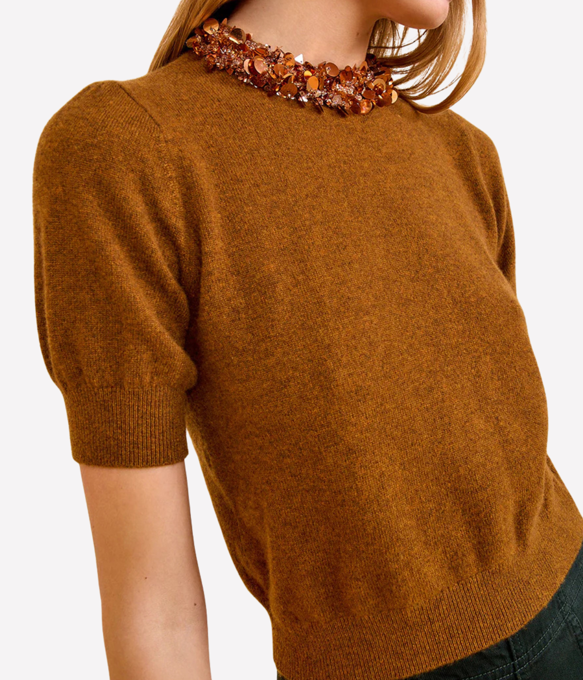 Liv Embroidered Cashmere Short Sleeve in Umber