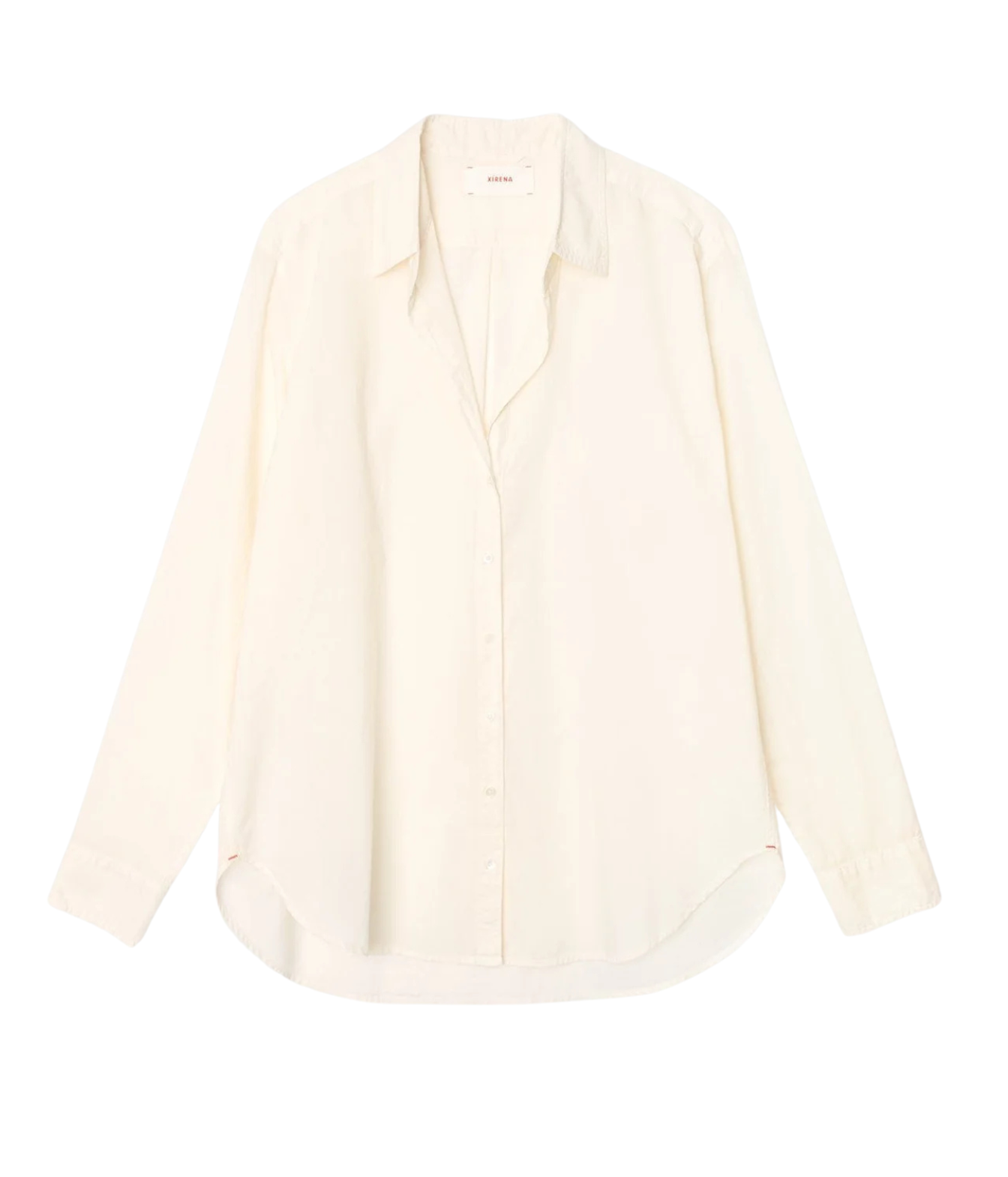 An off-white long-sleeve button-up shirt with a relaxed, oversized fit, laid flat against a solid white background.