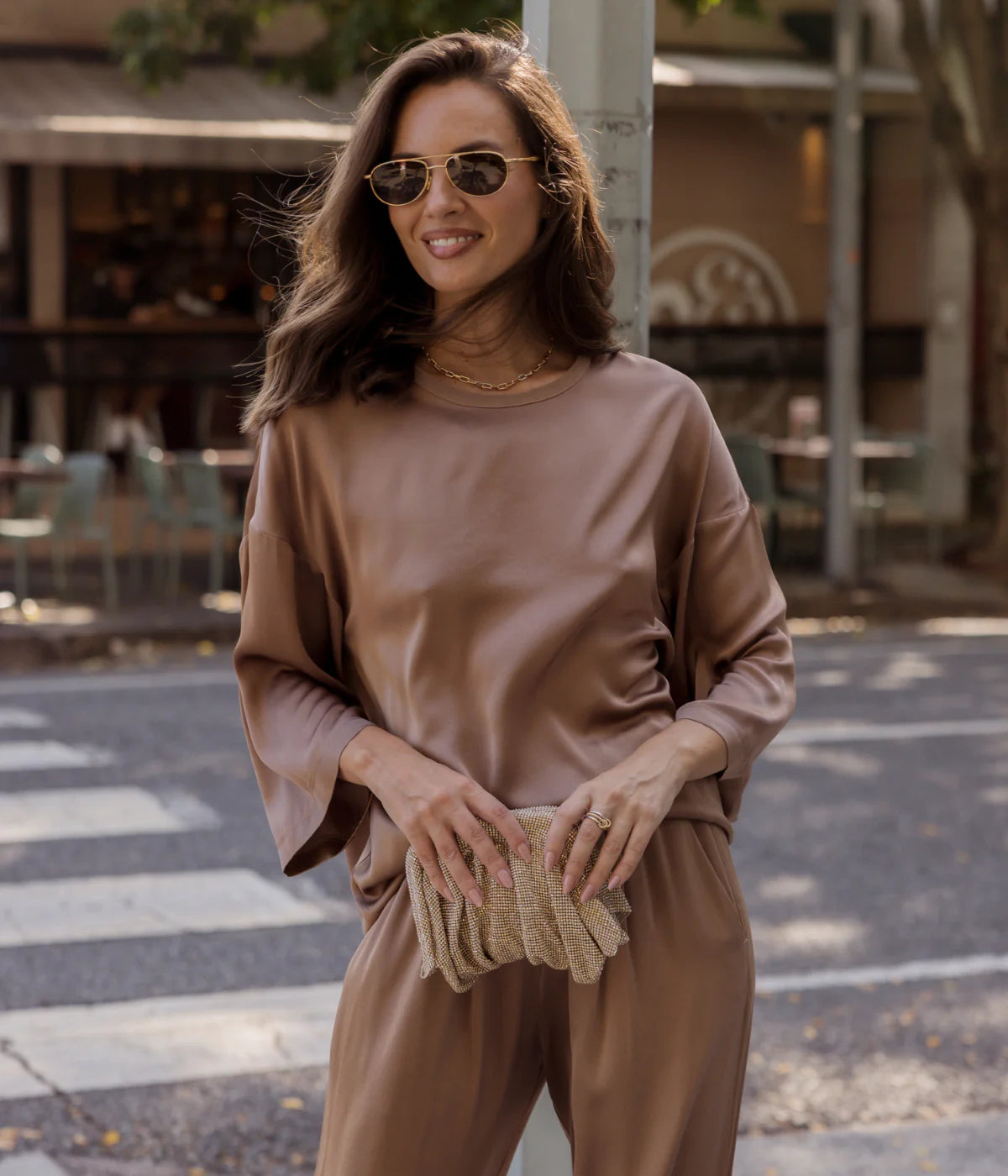 Shiny Stretch Silk Satin Oversized T-Shirt In Noce