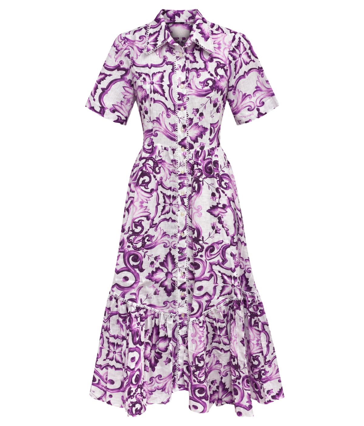 Front view of the Positano Costiera Dress in Maio Viola, a short-sleeve button-front shirt dress with a pointed collar, white piped trim and a flounced midi hem in a purple and white tile print