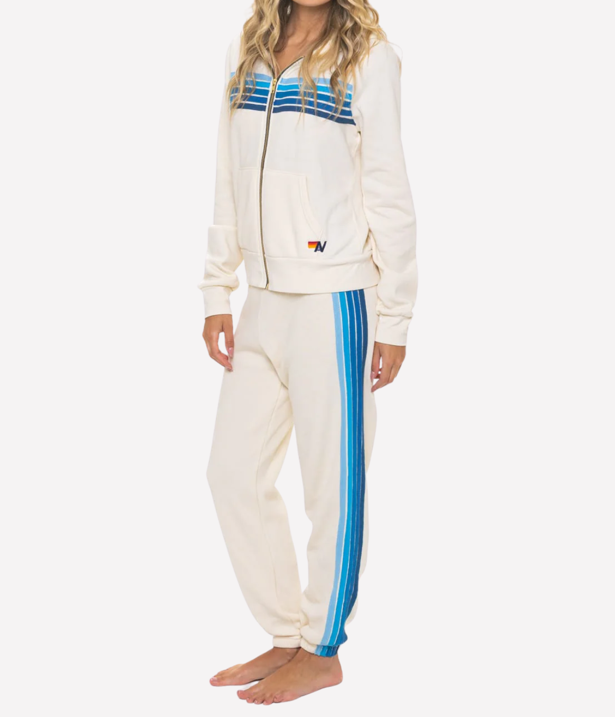 5 Stripe Zip Hoodie in Vintage White & Blue