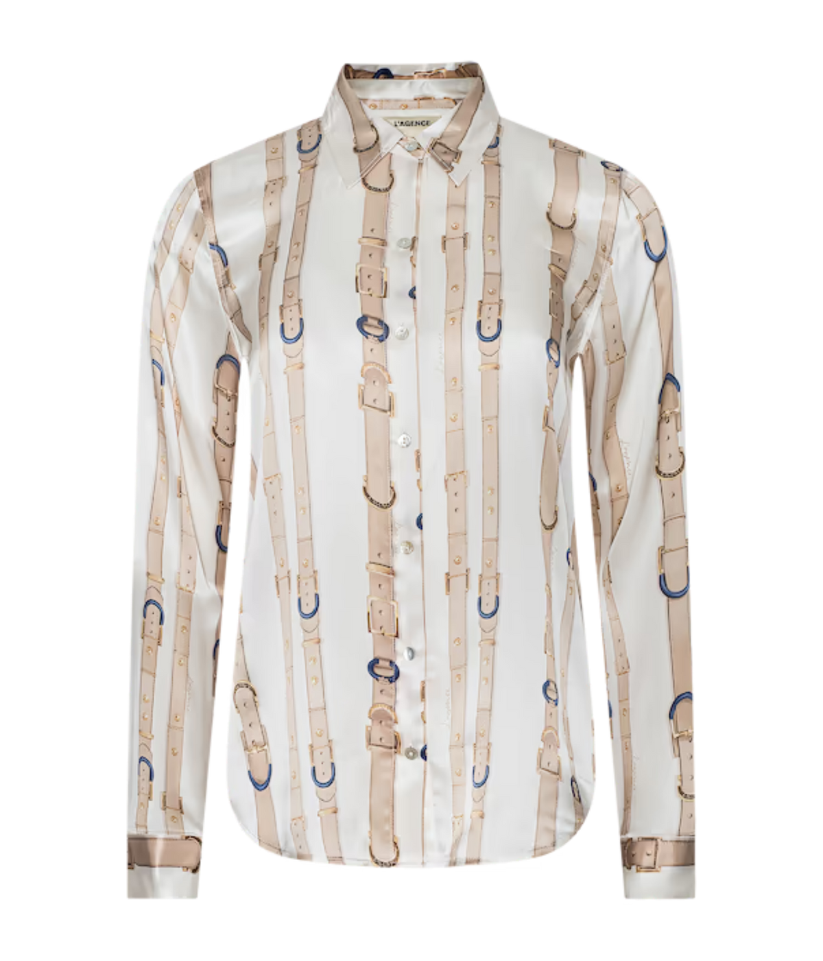 L'Agence Tyler L/S Blouse In Ecru Multi Stud Belt Stripe - long sleeve silk shirt with belt detail