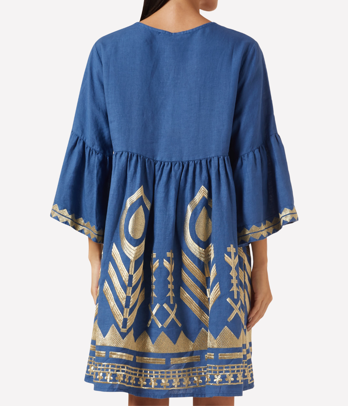 Feather Bell Sleeve Short Dress in Blue Gold