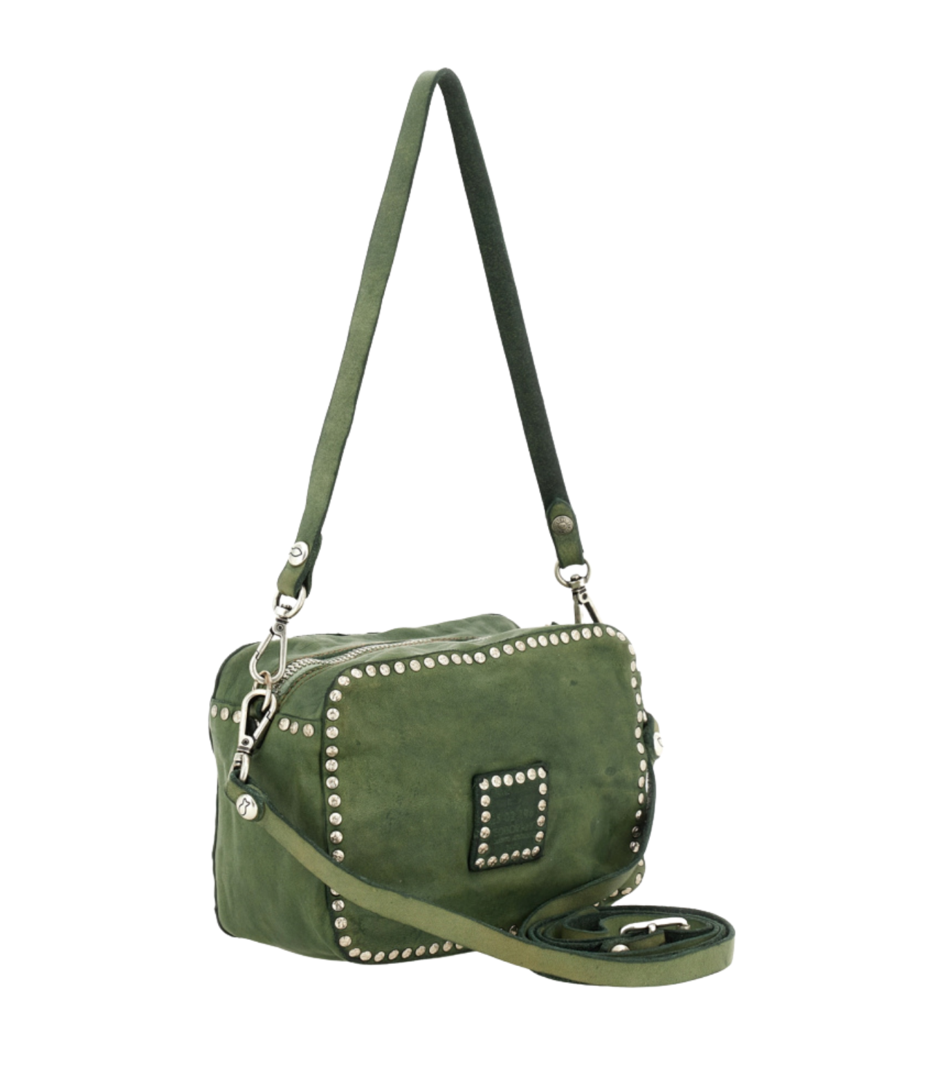An olive green suede crossbody bag with silver-tone metal studs and hardware, featuring a zippered top and a detachable shoulder strap, shown against a plain white background.