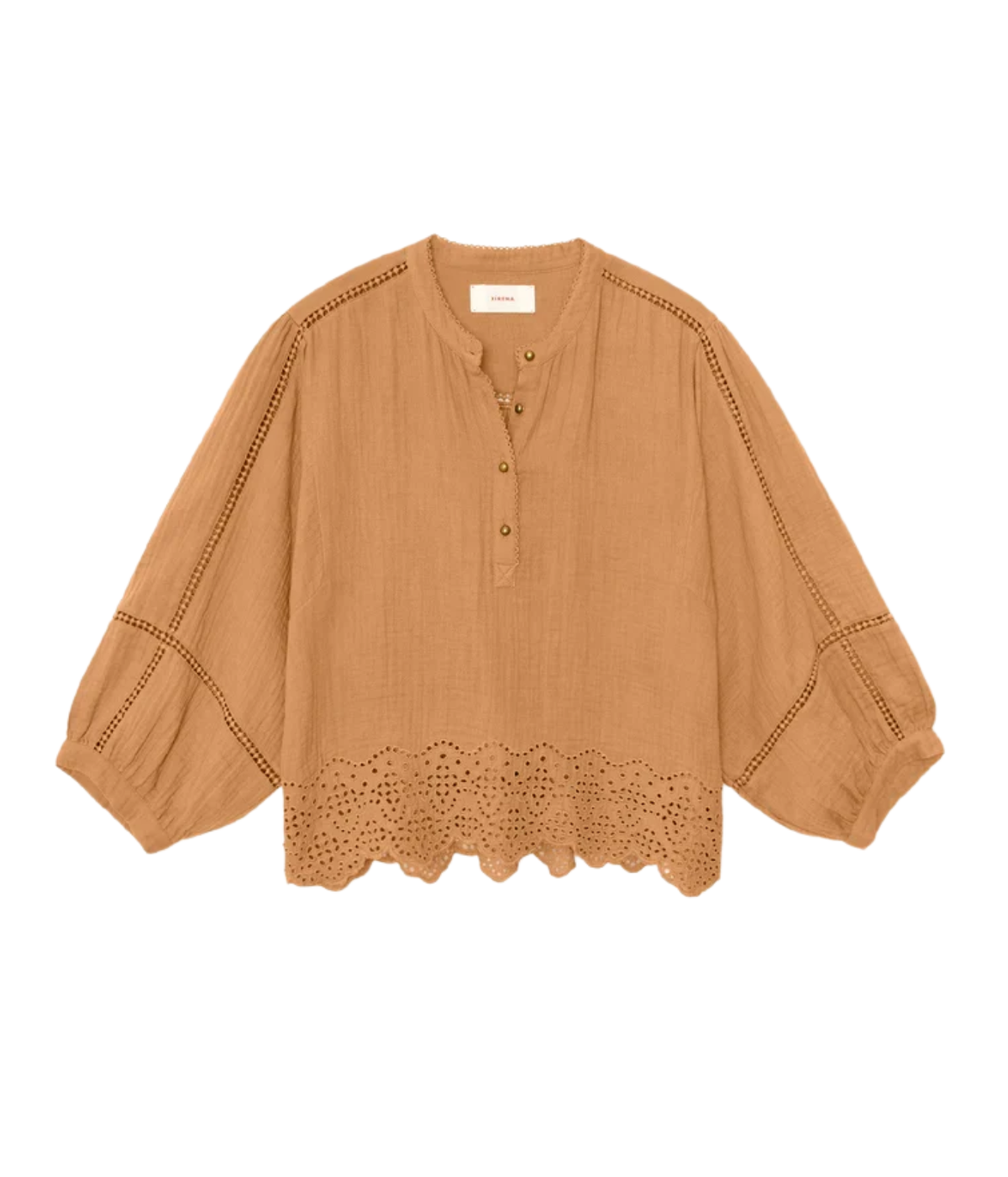 A tan long-sleeve blouse with a three-quarter button placket, decorative eyelet trim along the shoulders and sleeves, and a scalloped eyelet hem, shown flat on a white background.