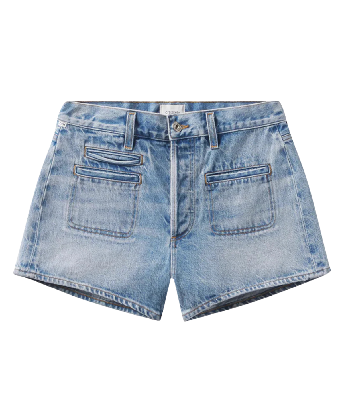 Light blue denim shorts with a high waist, button closure, belt loops, and two front patch pockets, shown flat against a white background.