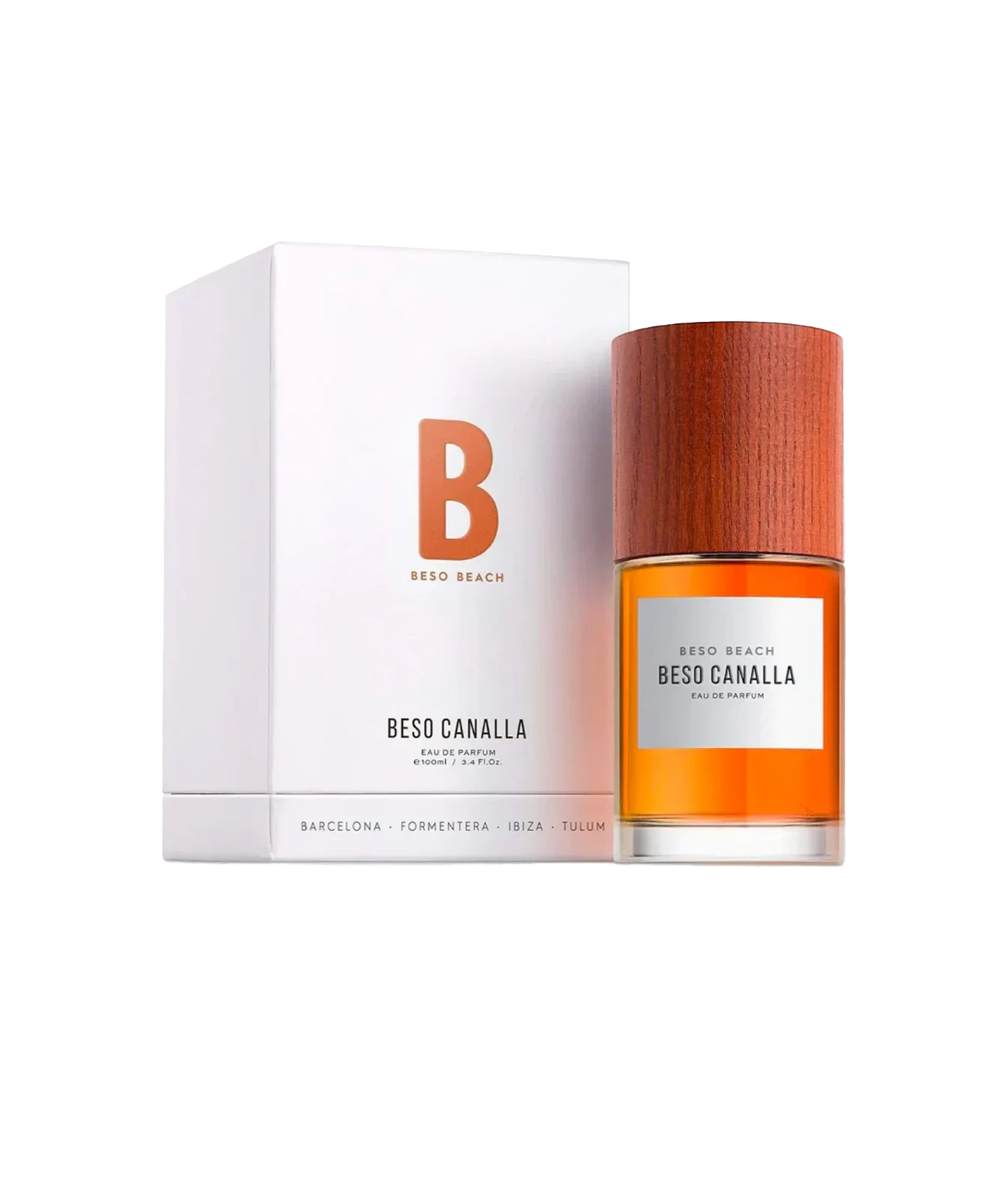 A bottle of Beso Beach by Beso Canalla Eau de Parfum, featuring amber-colored liquid in a clear glass bottle with a textured reddish-brown wooden cap and a white label.