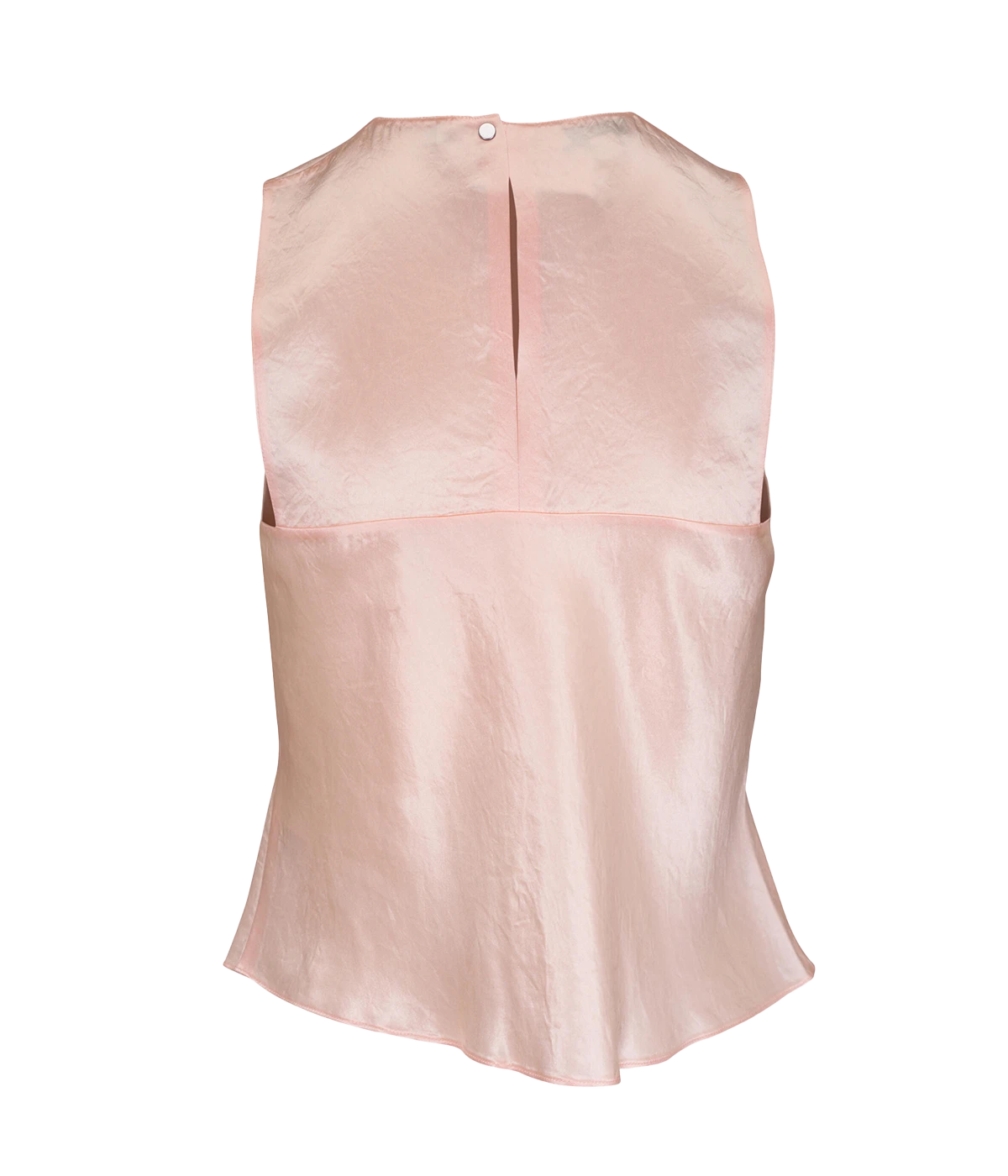 Vince sleeveless satin shell top in lychee pink made from sustainable Naia Renew acetate with crew neckline and back-button closure – elegant women's top.