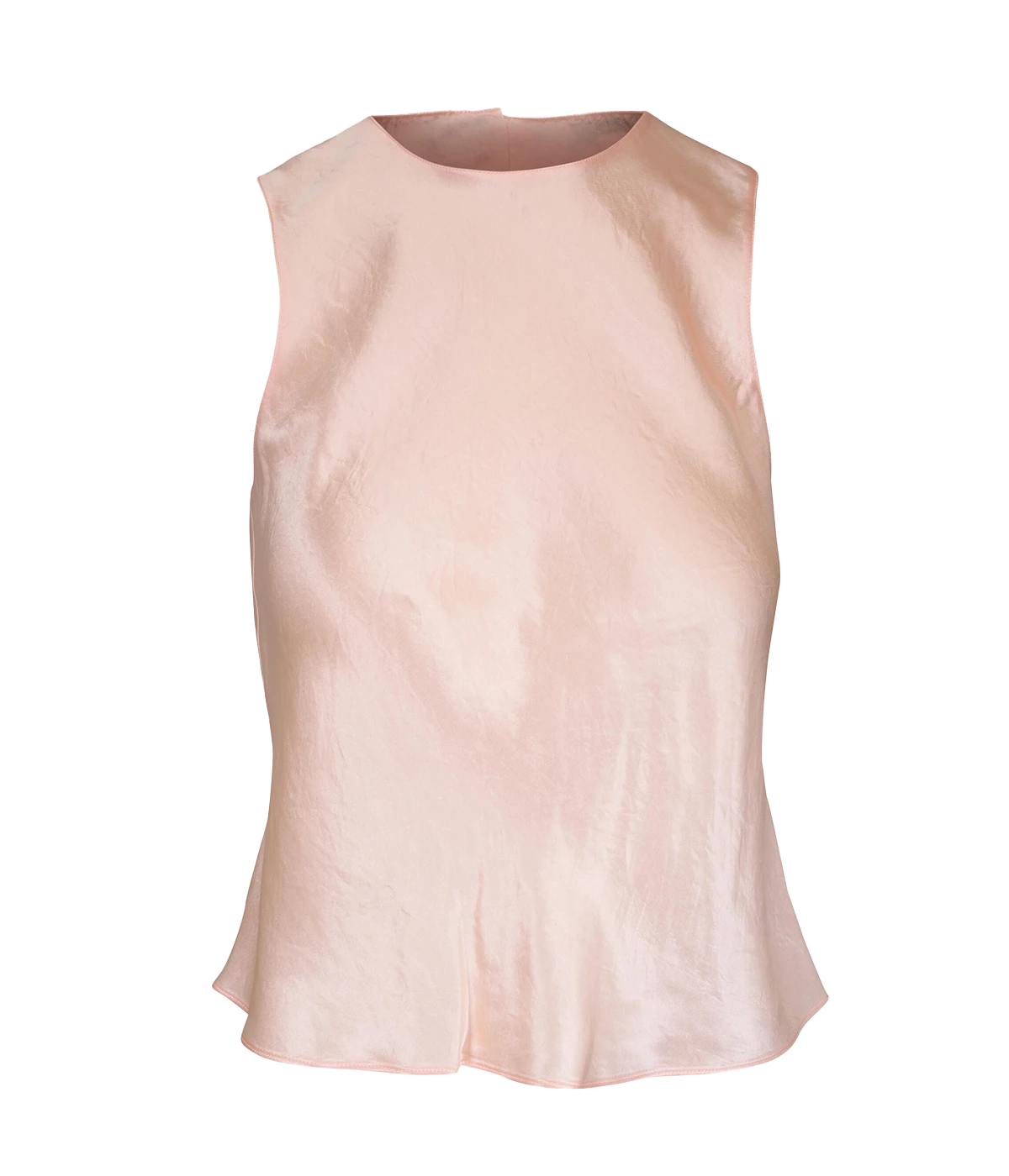 Vince sleeveless satin shell top in lychee pink made from sustainable Naia Renew acetate with crew neckline and back-button closure – elegant women's top.