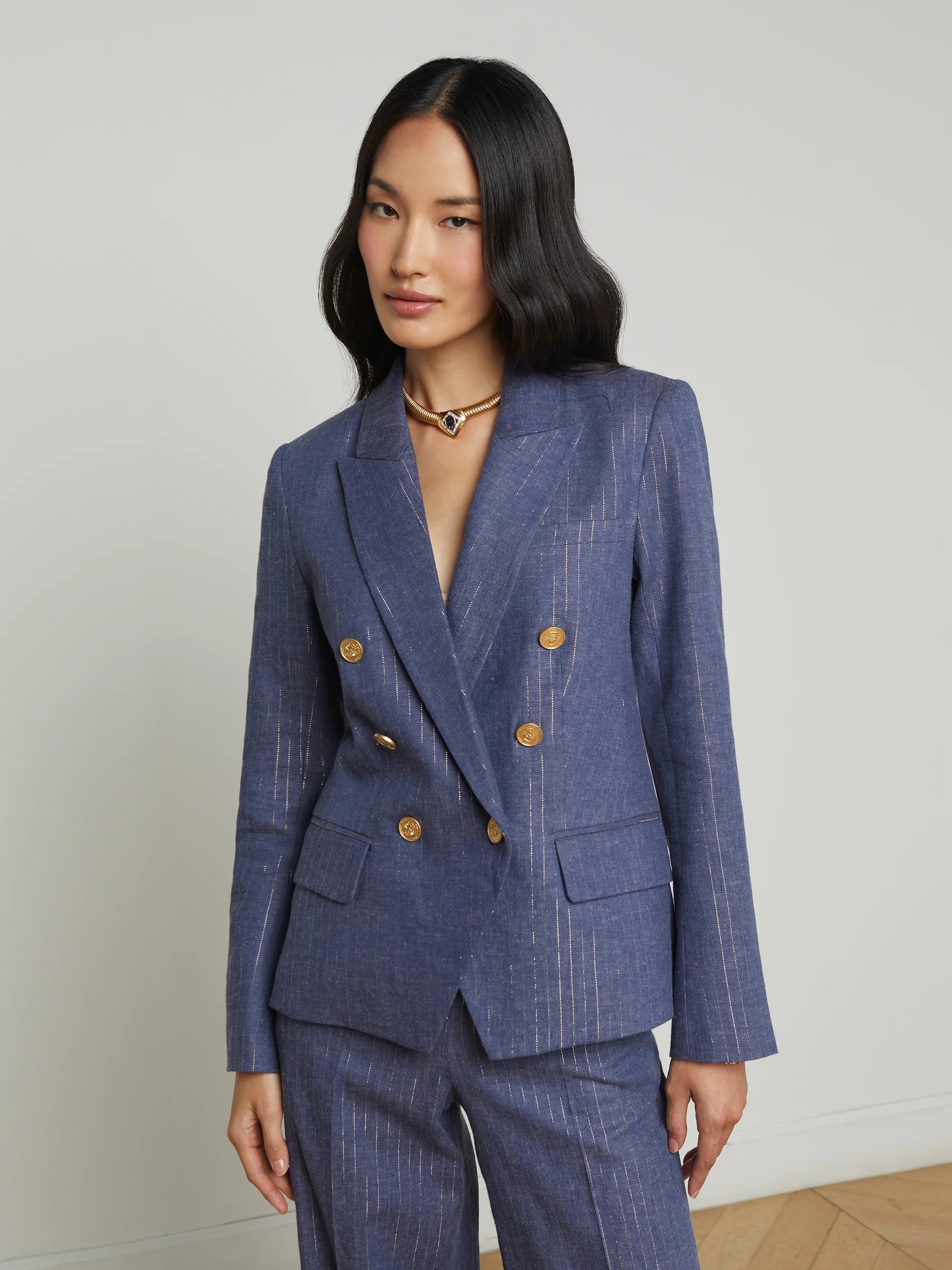 Kenize Double Breasted Blazer in Wild Wind Gold Pinstripe