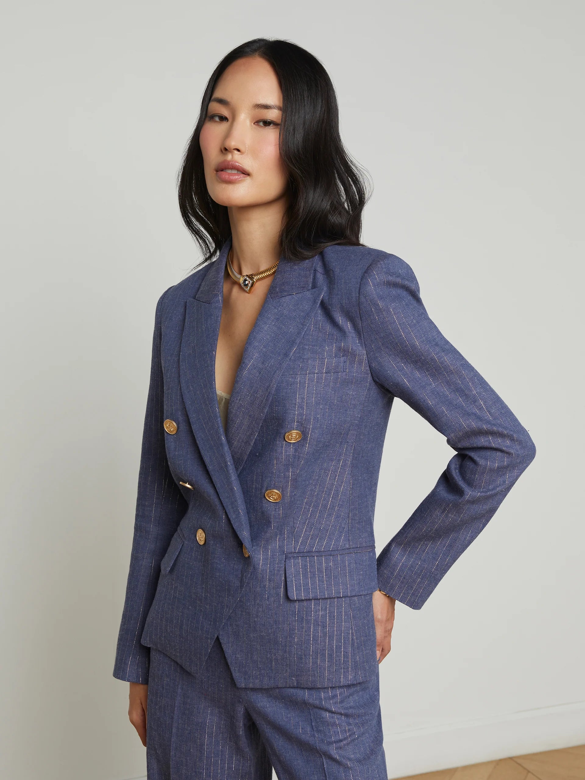 Kenize Double Breasted Blazer in Wild Wind Gold Pinstripe
