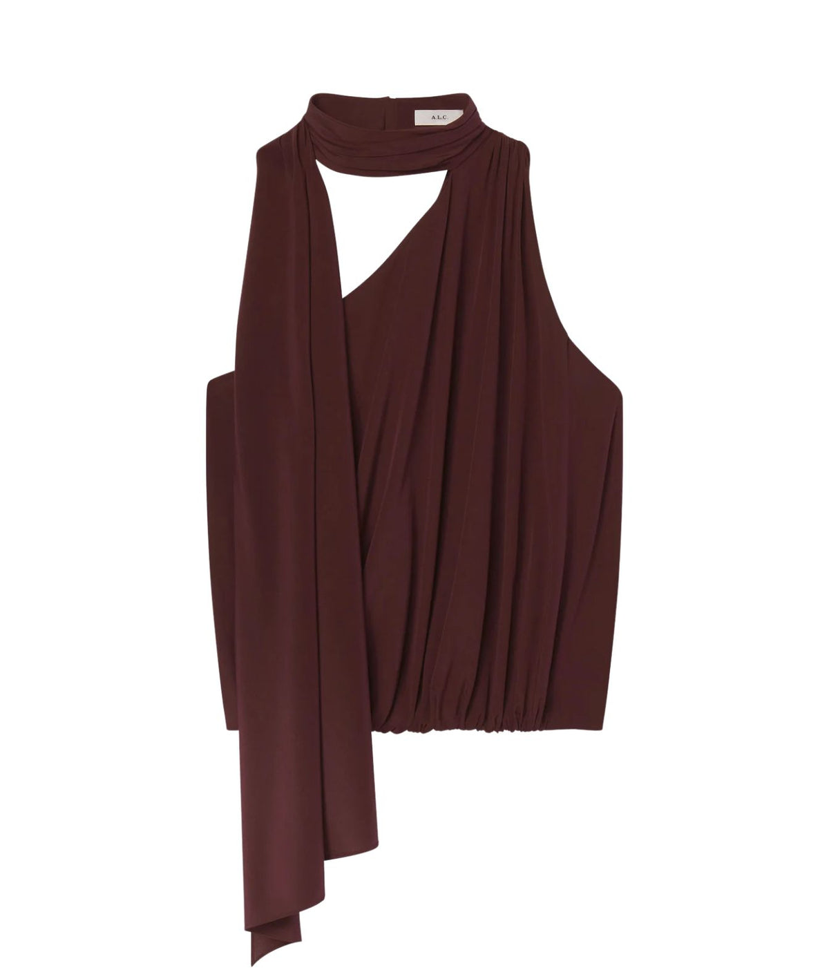 A.L.C. Celeste Top in Coffee laid flat, showing the one-shoulder neckline, wrapped scarf collar with long trailing tie and gathered blouson hem