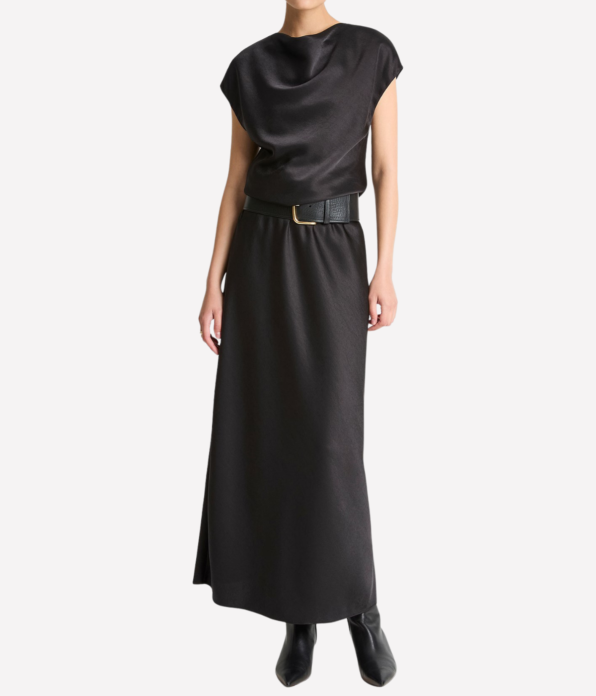Draped Cowl Cap Sleeve Dress in BLACK