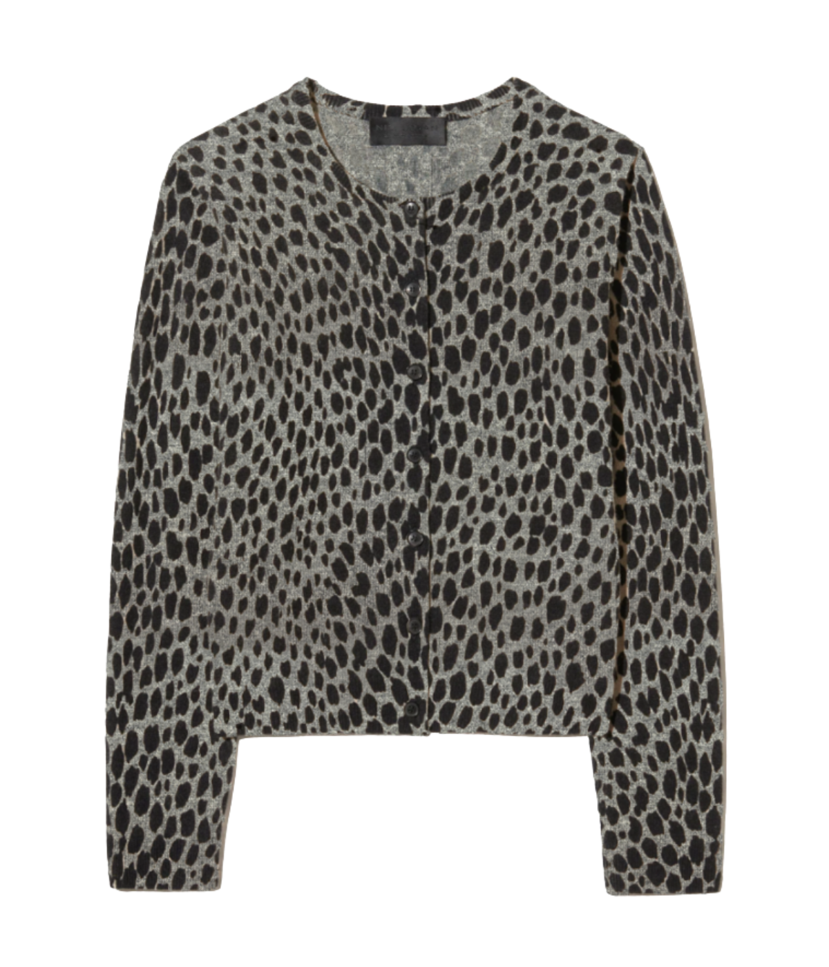 Nili Lotan Keelah Cardigan in Taupe/Black Cheetah flat lay view of crewneck cashmere cardigan with straight silhouette and ribbed trims.