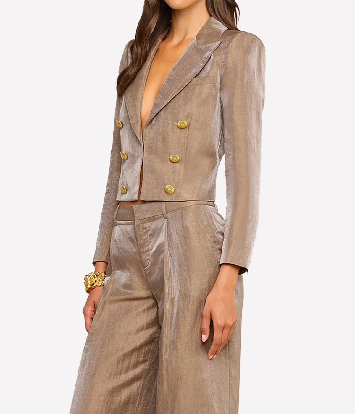 A model wearing a matching taupe blazer and wide-leg trousers set with shiny gold buttons.