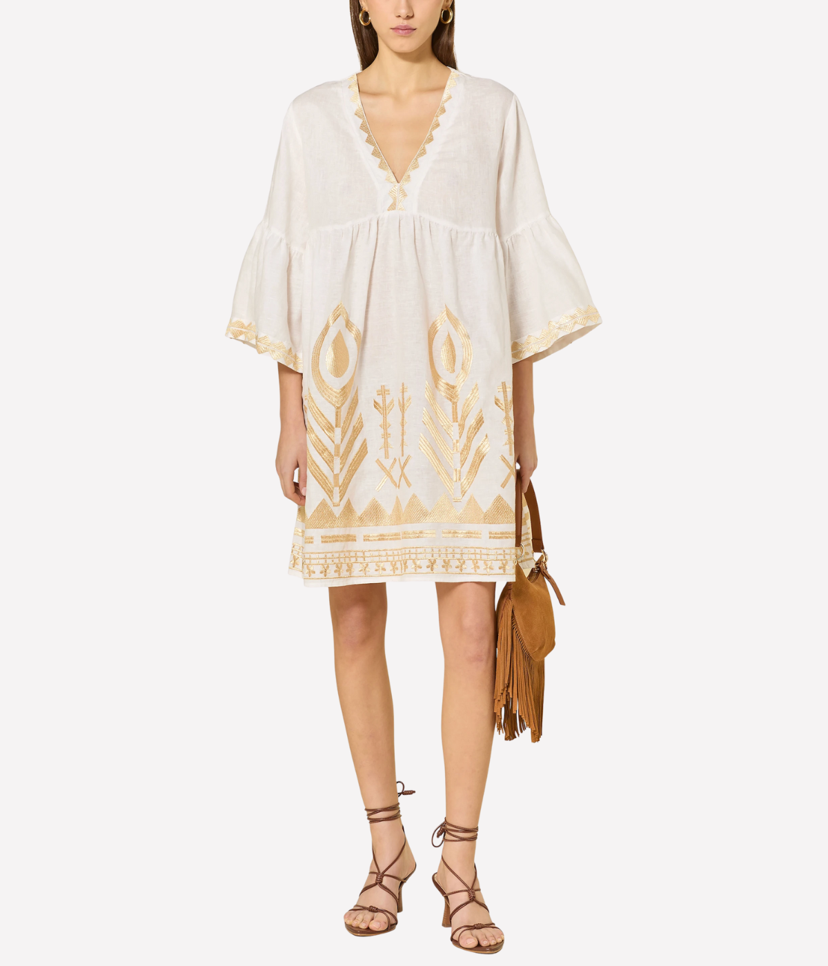 Feather Bell Sleeve Short Dress in Natural Champagne