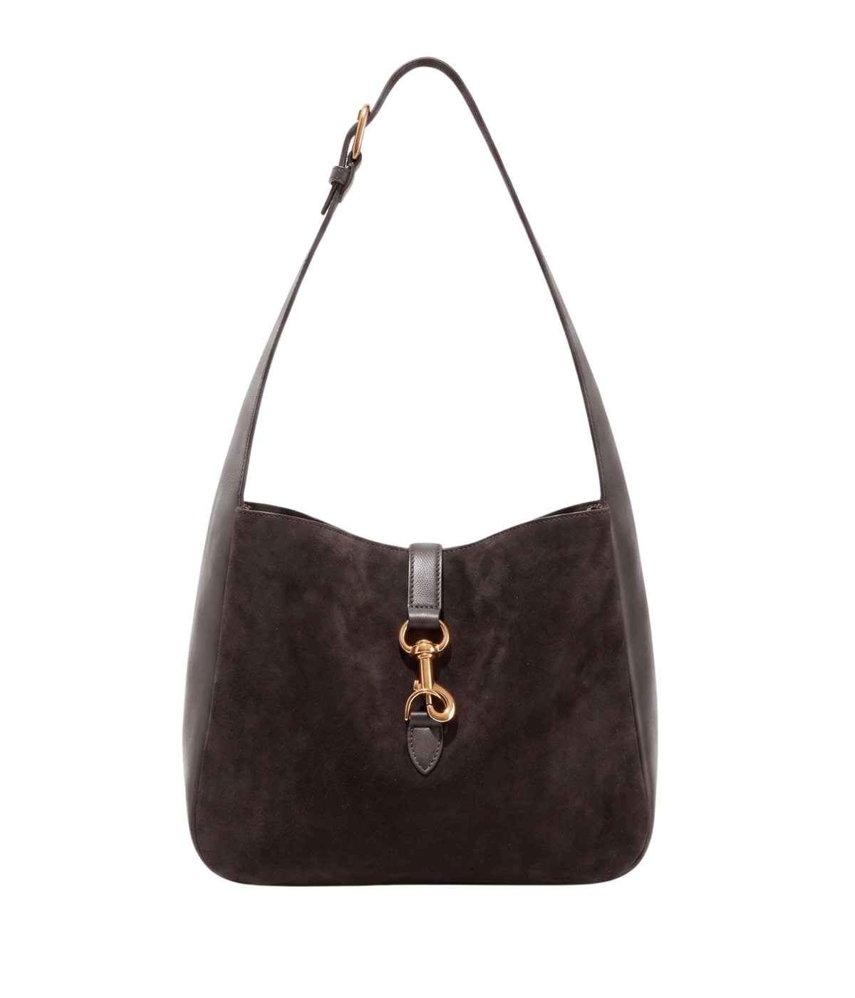 A dark brown suede hobo shoulder bag with a gold-tone horsebit hardware clasp on a white background.
