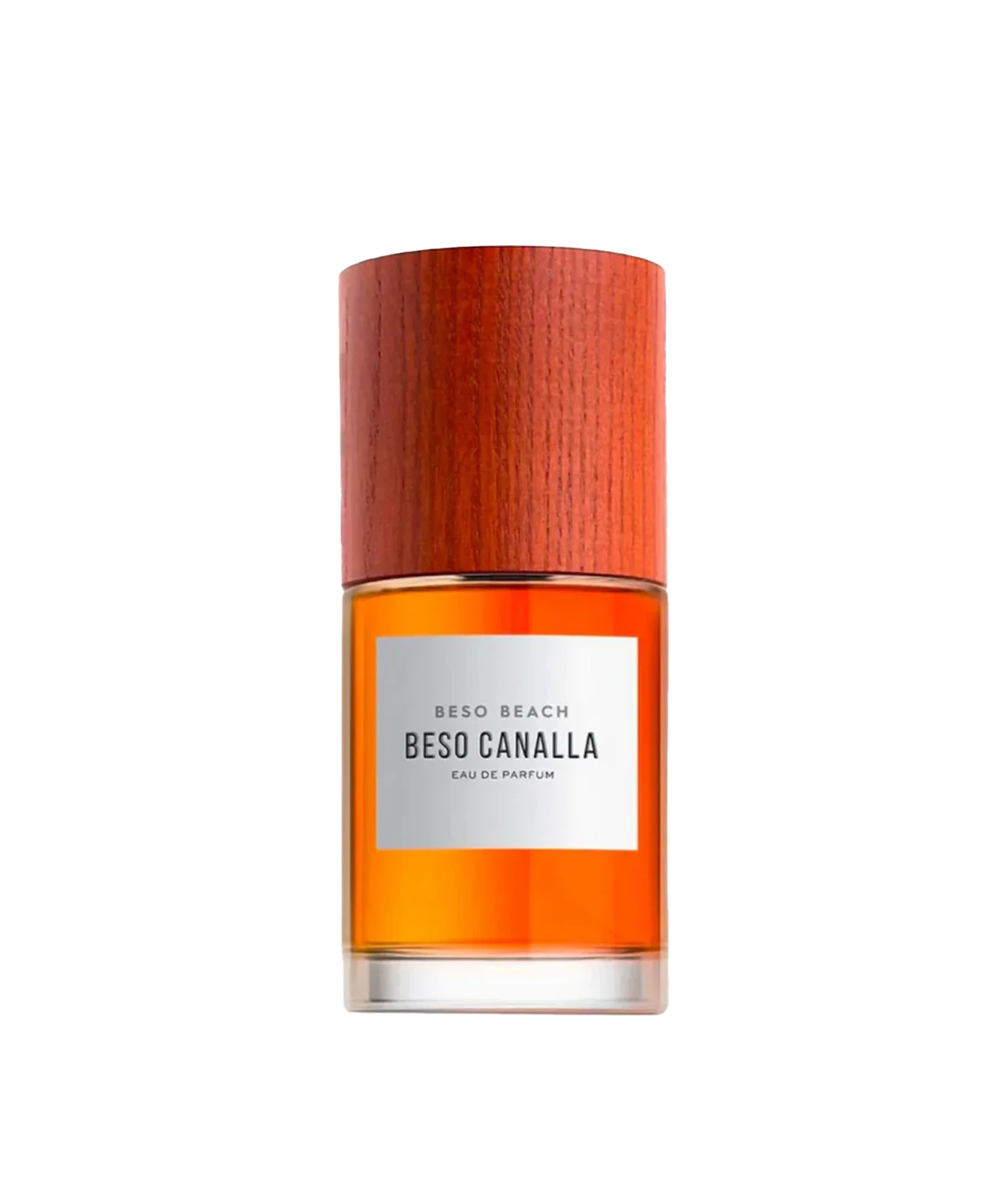 A bottle of Beso Beach by Beso Canalla Eau de Parfum, featuring amber-colored liquid in a clear glass bottle with a textured reddish-brown wooden cap and a white label.