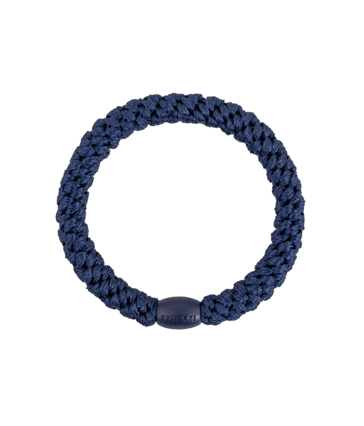A navy braided hair band with a smooth plastic bead with KKNEKKI writing