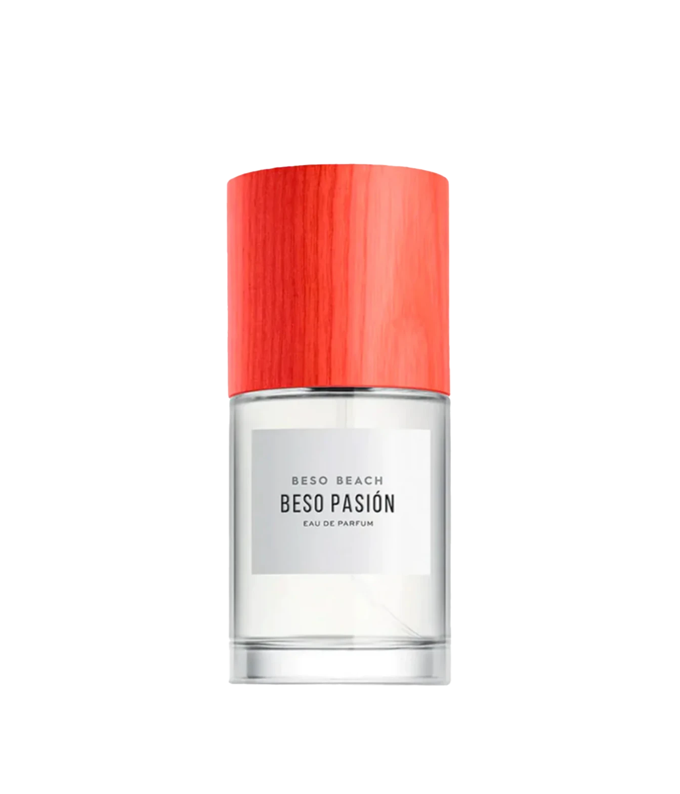 Beso Beach Beso Pasion Eau de Parfum bottle with a vibrant coral-red wooden cap and a clear glass body, shown on a solid white background.