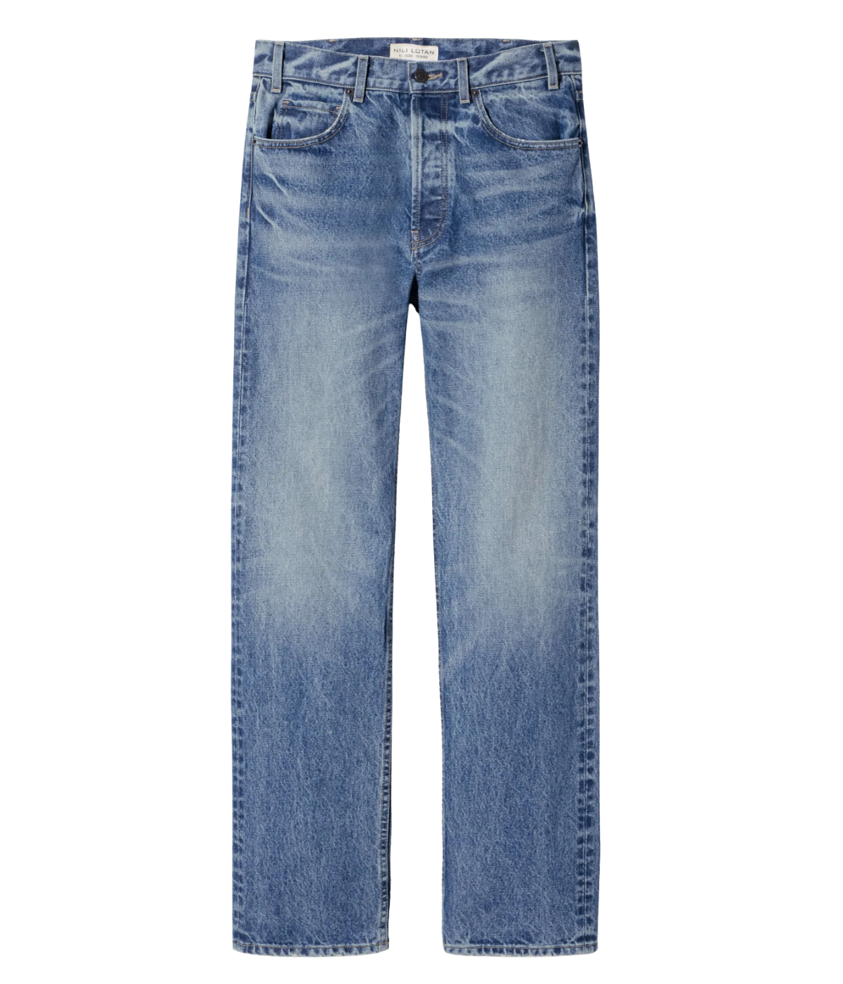 Nili Lotan Briana Jean in Rosebowl Wash flat lay view of mid-rise straight-leg denim jeans with vintage wash finish