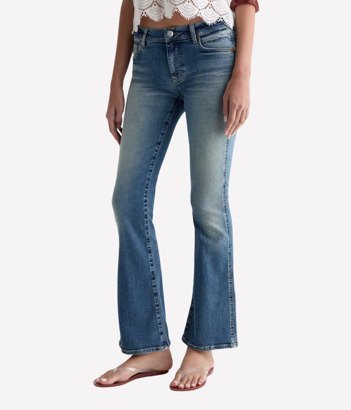 AG Angel Jean in 15 Years Bouquet lower half on model -angled front view